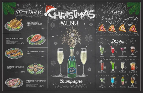 Vintage Kreide Zeichnung Weihnachtsmenü Design Mit Champagner Speisekarte — Stockvektor