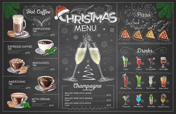 Vintage Kreide Zeichnung Weihnachtsmenü Design Mit Champagner Speisekarte — Stockvektor