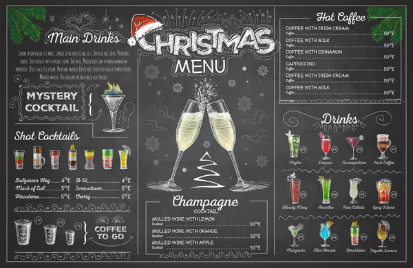 Vintage Krijt Tekening Kerstmenu Ontwerp Met Champange Restaurant Menu — Stockvector