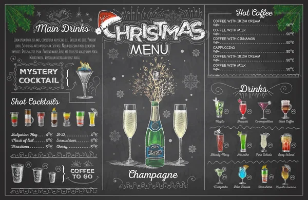 Vintage Krijt Tekening Kerstmenu Ontwerp Met Champange Restaurant Menu — Stockvector