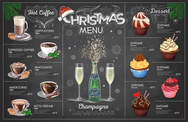 Vintage Krijt Tekening Kerstmenu Ontwerp Met Champange Restaurant Menu — Stockvector