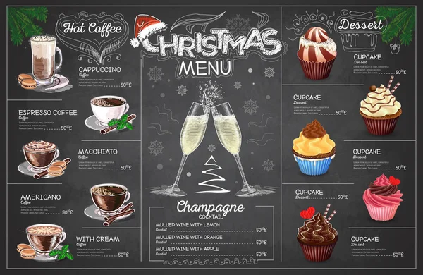 Vintage Chalk Drawing Christmas Menu Design Champange Restaurant Menu — Stock Vector