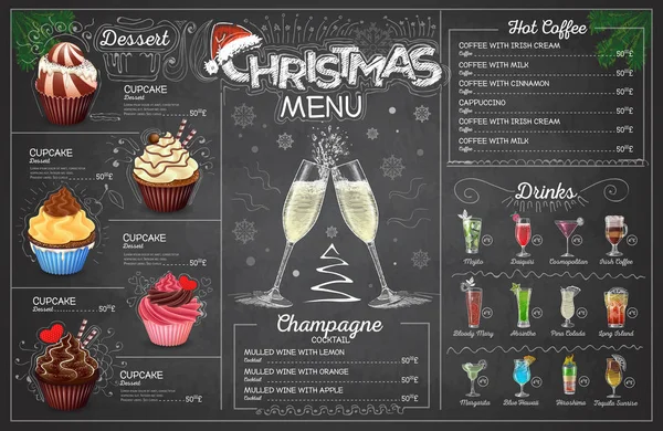 Vintage Krijt Tekening Kerstmenu Ontwerp Met Champange Restaurant Menu — Stockvector