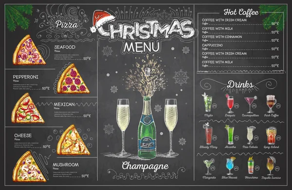 复古粉笔画圣诞菜单设计与香槟 餐厅菜单 矢量图形