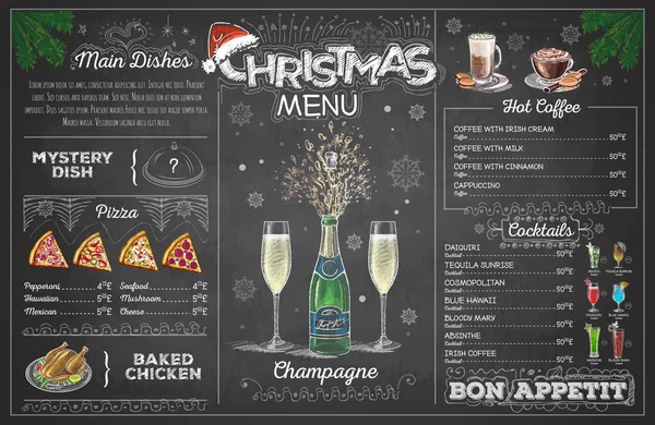 Vintage Krijt Tekening Kerstmenu Ontwerp Met Champange Restaurant Menu Stockvector