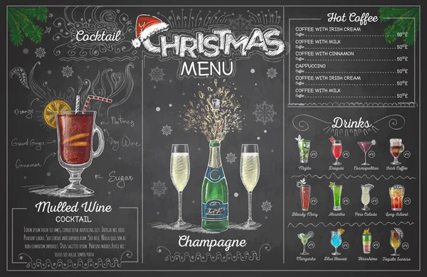 Vintage Krijt Tekening Kerstmenu Ontwerp Met Champange Restaurant Menu Stockillustratie
