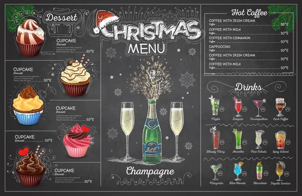 Vintage Krijt Tekening Kerstmenu Ontwerp Met Champange Restaurant Menu Rechtenvrije Stockvectors