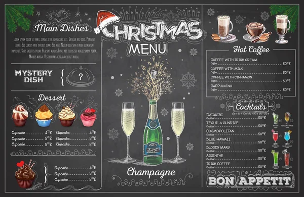 Vintage krijt tekening Kerstmenu ontwerp met champange. Restaurant menu Vectorbeelden