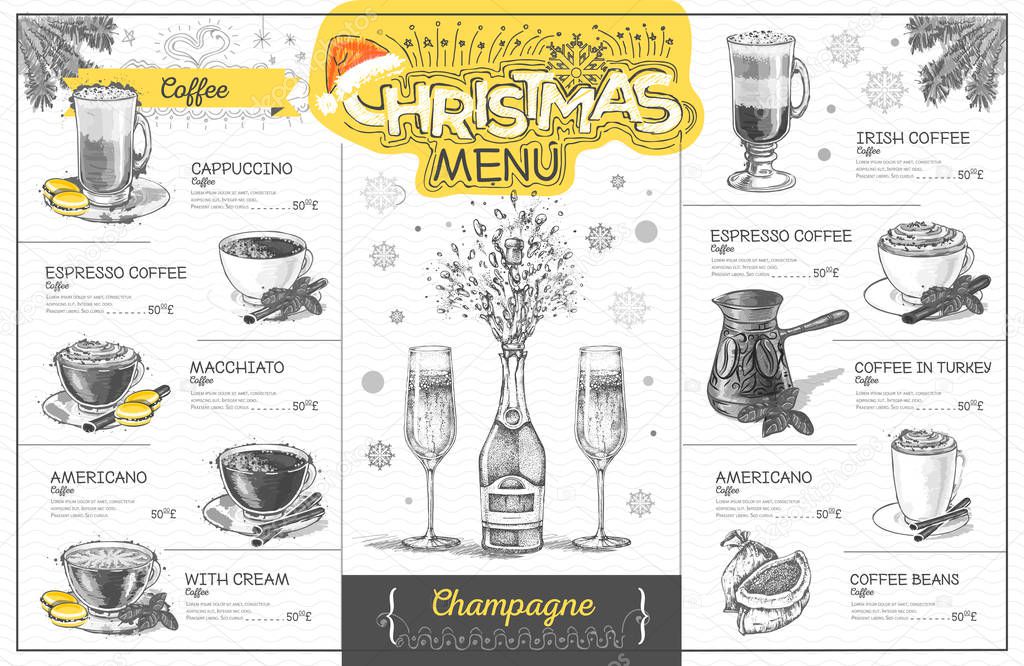 Vintage holiday christmas menu design with champagne. Restaurant menu