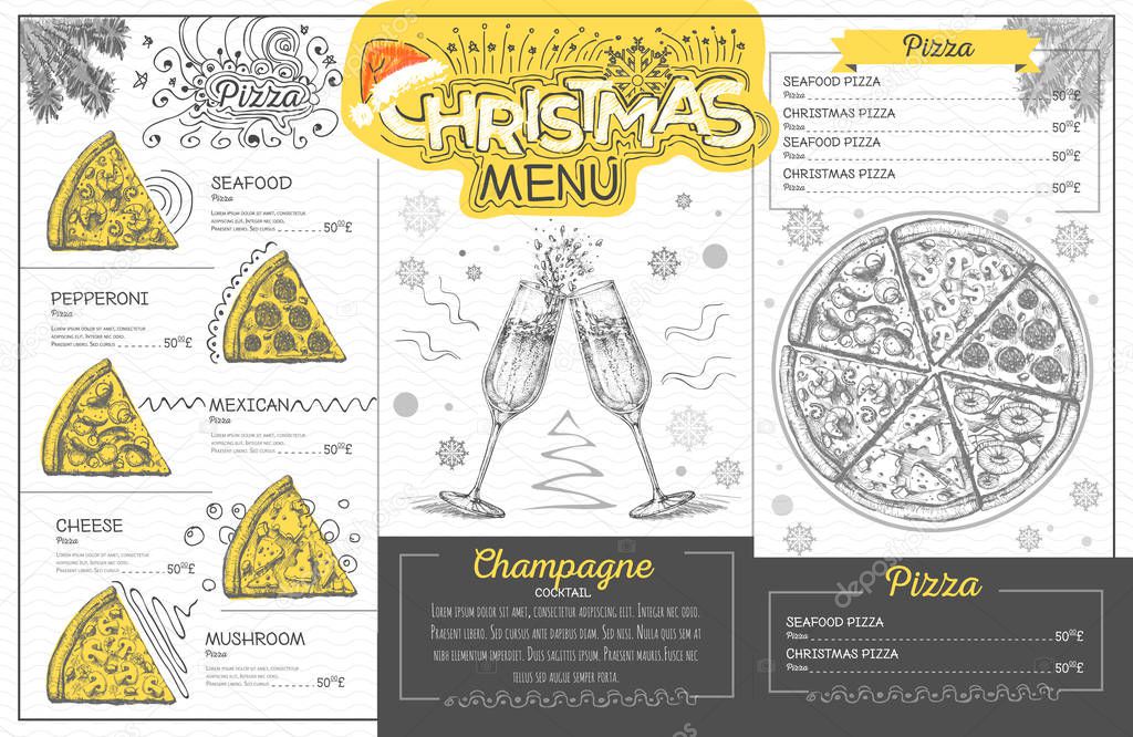 Vintage holiday christmas menu design with champagne. Restaurant menu