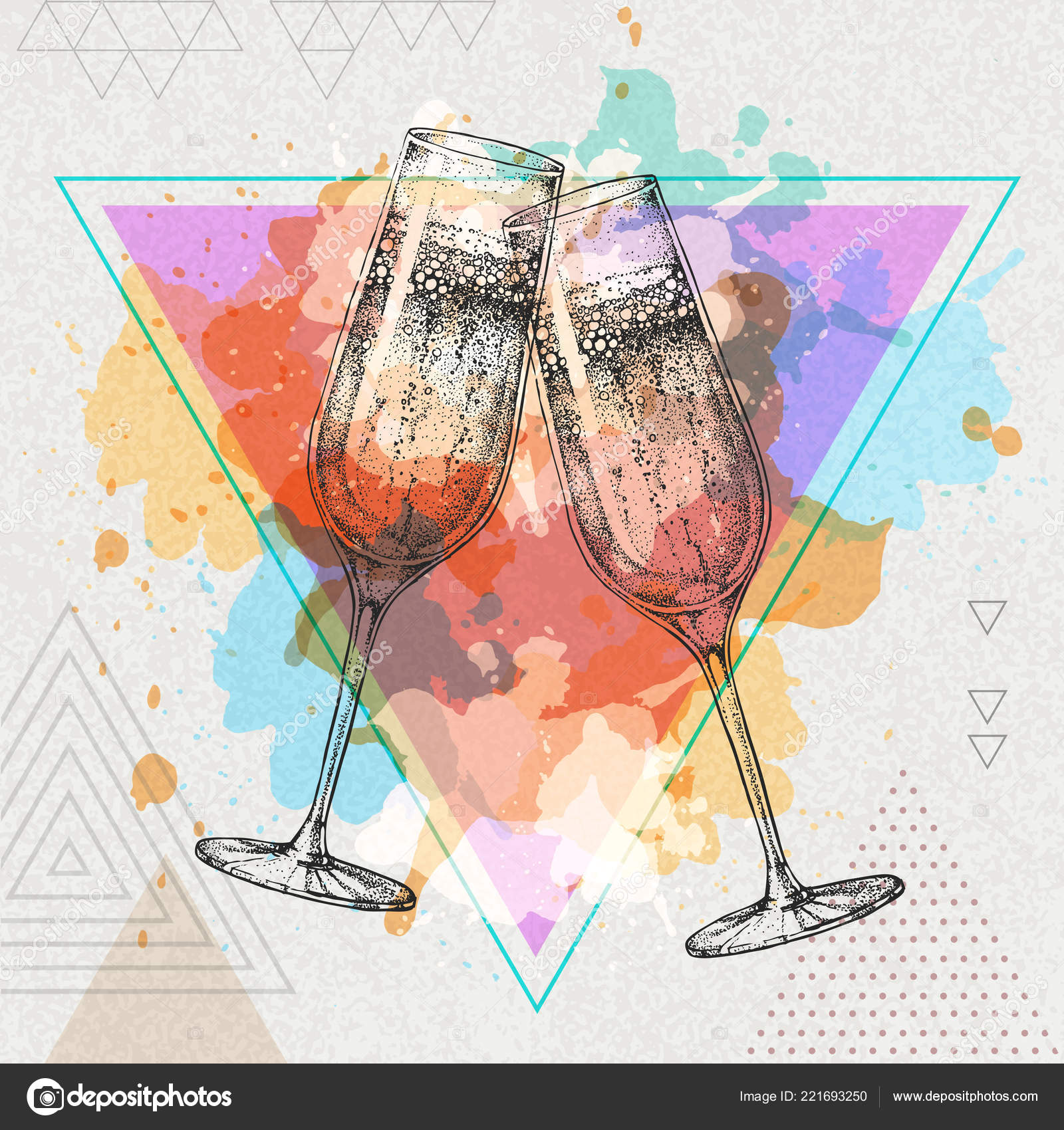 Hand Drawing Illustration Champagne Clinking Glasses Artistic Polygon Watercolor Background