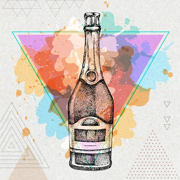 Illustration Bouteille Champagne Dessin Main Sur Fond Aquarelle Polygone Artistique — Image vectorielle