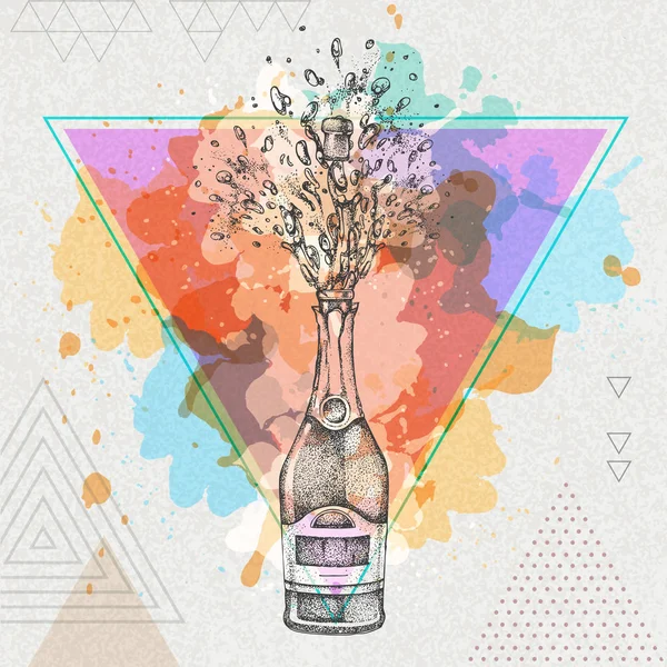 Ruční Kreslení Obrázku Láhve Šampaňského Splash Umělecké Mnohoúhelník Akvarel Zázemí — Stockový vektor