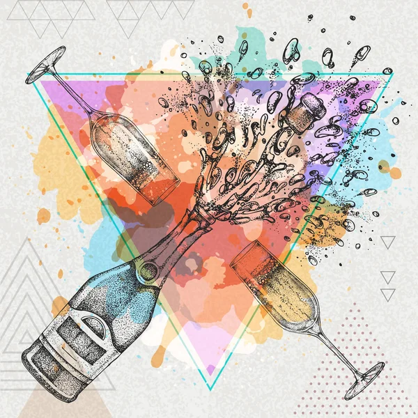 Ruční Kreslení Obrázku Skla Úvodní Láhev Šampaňského Umělecké Mnohoúhelník Akvarel — Stockový vektor