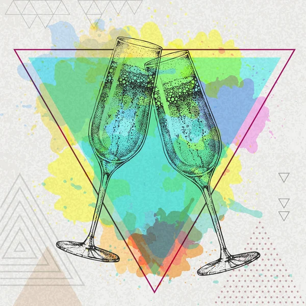 Ruční Kreslení Obrázku Cinkání Sklenic Šampaňské Umělecké Mnohoúhelník Akvarel Zázemí — Stockový vektor
