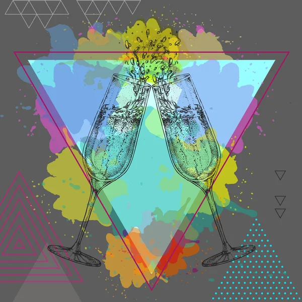 在艺术多边形水彩背景的香槟杯的手绘插图 — 图库矢量图片