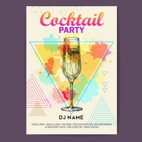 Champagne Artistic Polygon Watercolor Background Cocktail Disco Party Poster — Stock Vector