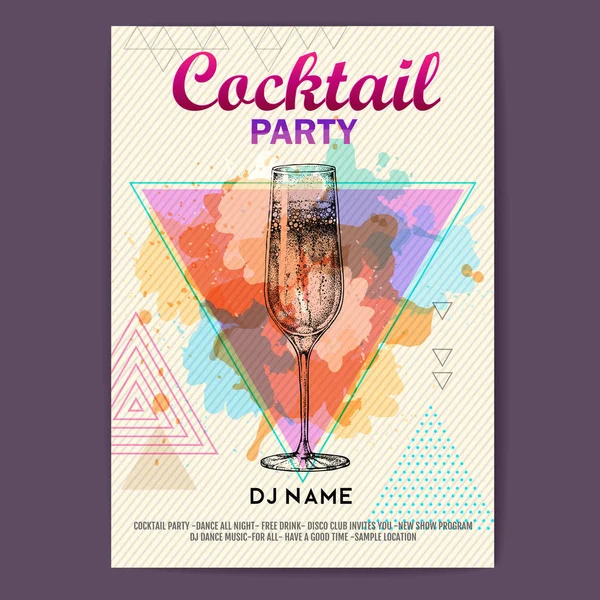 Champagne Artistic Polygon Watercolor Background Cocktail Disco Party Poster — Stock Vector