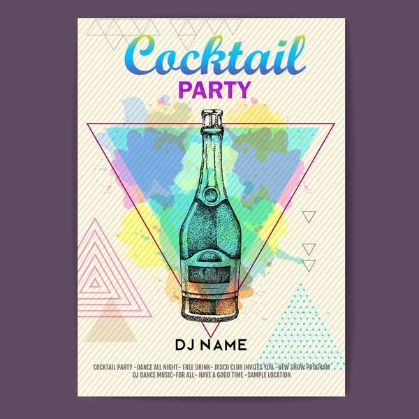 Champagnerflasche Auf Künstlerischem Polygon Aquarell Hintergrund Cocktaildisco Party Plakat — Stockvektor