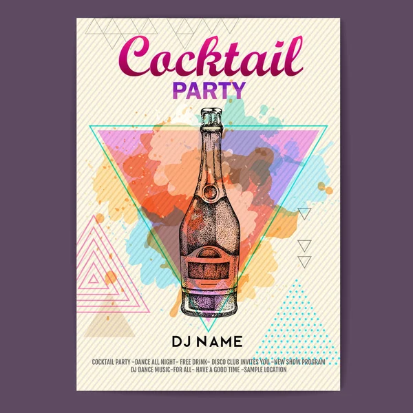 Champagnerflasche Auf Künstlerischem Polygon Aquarell Hintergrund Cocktaildisco Party Plakat — Stockvektor
