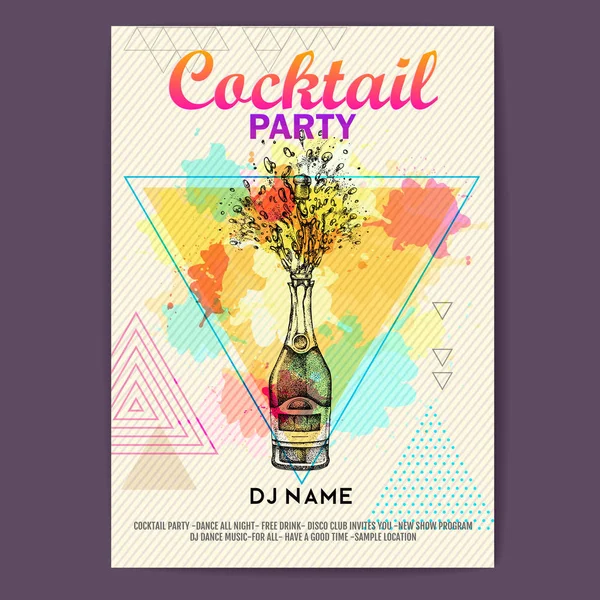 Champagneflaska Med Stänk Konstnärliga Polygon Akvarell Bakgrunden Disco Cocktailparty Affisch — Stock vektor