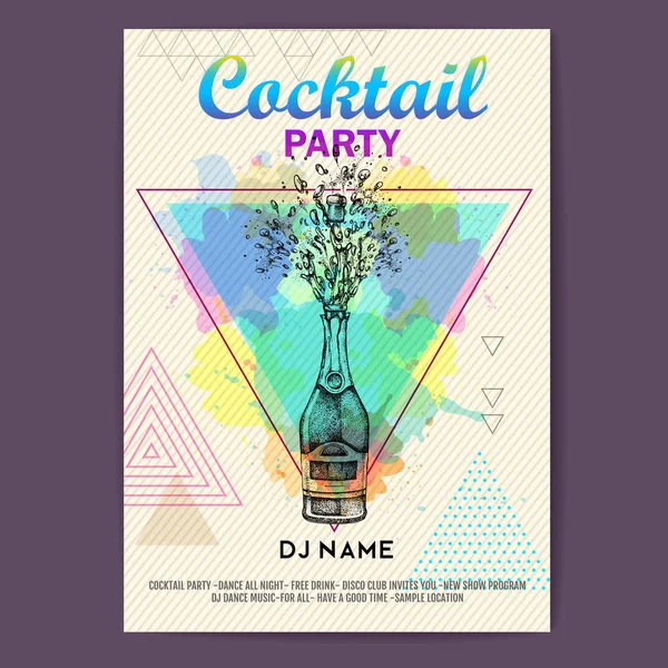 Champagnerflasche Mit Spritzer Auf Künstlerischem Polygon Aquarell Hintergrund Cocktaildisco Party — Stockvektor