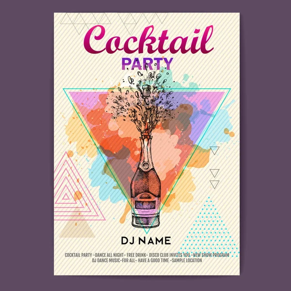 Champagnerflasche Mit Spritzer Auf Künstlerischem Polygon Aquarell Hintergrund Cocktaildisco Party — Stockvektor