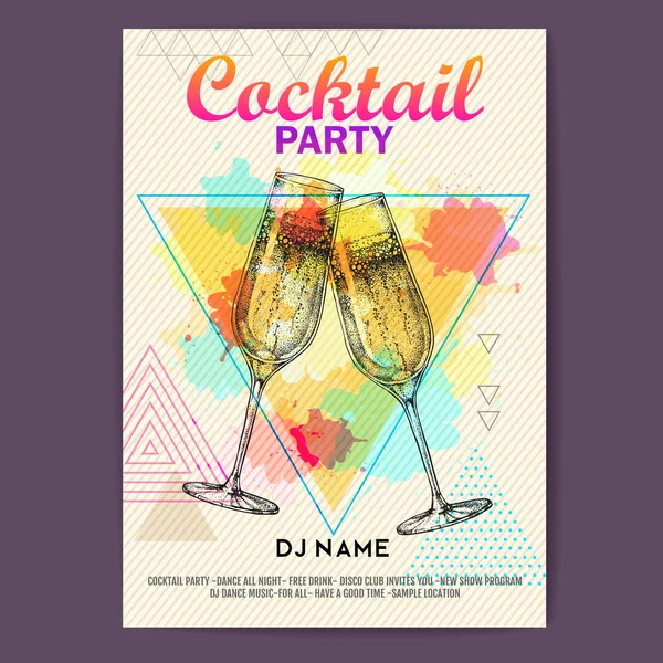 香槟杯上艺术多边形水彩背景 鸡尾酒迪斯科派对海报 — 图库矢量图片