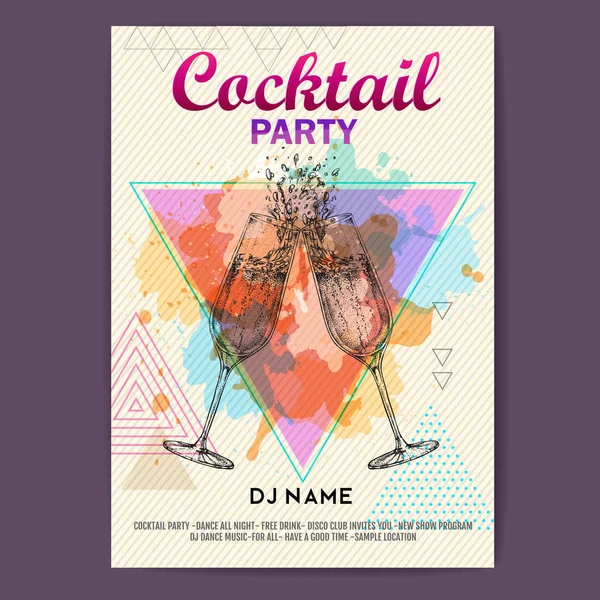 香槟无比的玻璃飞溅在艺术多边形水彩背景 鸡尾酒迪斯科派对海报 — 图库矢量图片