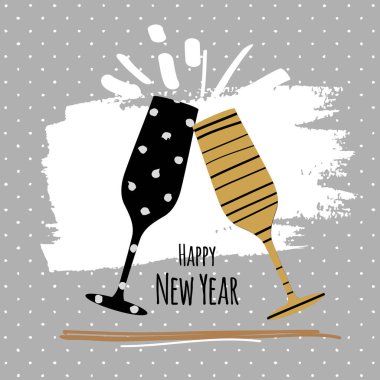 Tatil tebrik kartpostalı şampanya bardağı ile modern basit tarzda