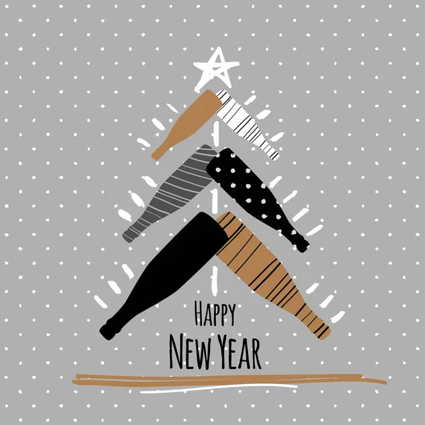 Vakantie Nieuwjaar Groet Ansichtkaart Met Champagneglazen Fles Moderne Eenvoudige Stijl — Stockvector