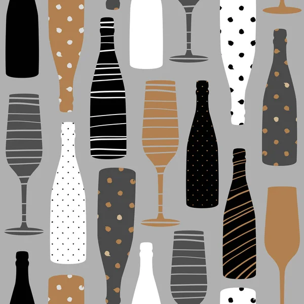 Modèle Sans Couture Avec Verres Champagne Bouteilles Tissu Dessiné Main — Image vectorielle