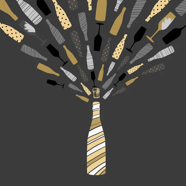 Illustration Vectorielle Bouteille Champagne Avec Éclaboussure Carte Vœux Dessin Carte — Image vectorielle