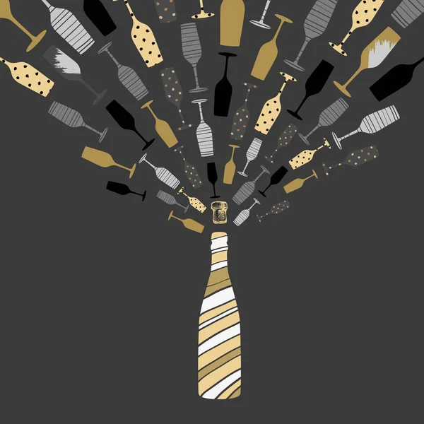 香槟酒瓶的向量例证以飞溅 明信片艺术设计 — 图库矢量图片