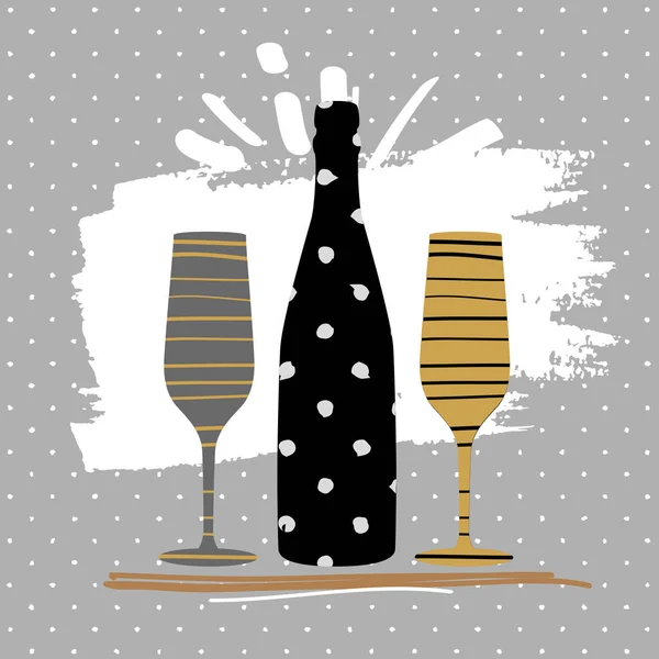 Cartolina Auguri Natalizia Con Bicchieri Champagne Bottiglia Stile Moderno Semplice — Vettoriale Stock