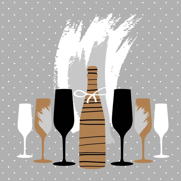 モダンなシンプルなスタイルのボトルとシャンパン グラス挨拶はがき — ストックベクタ