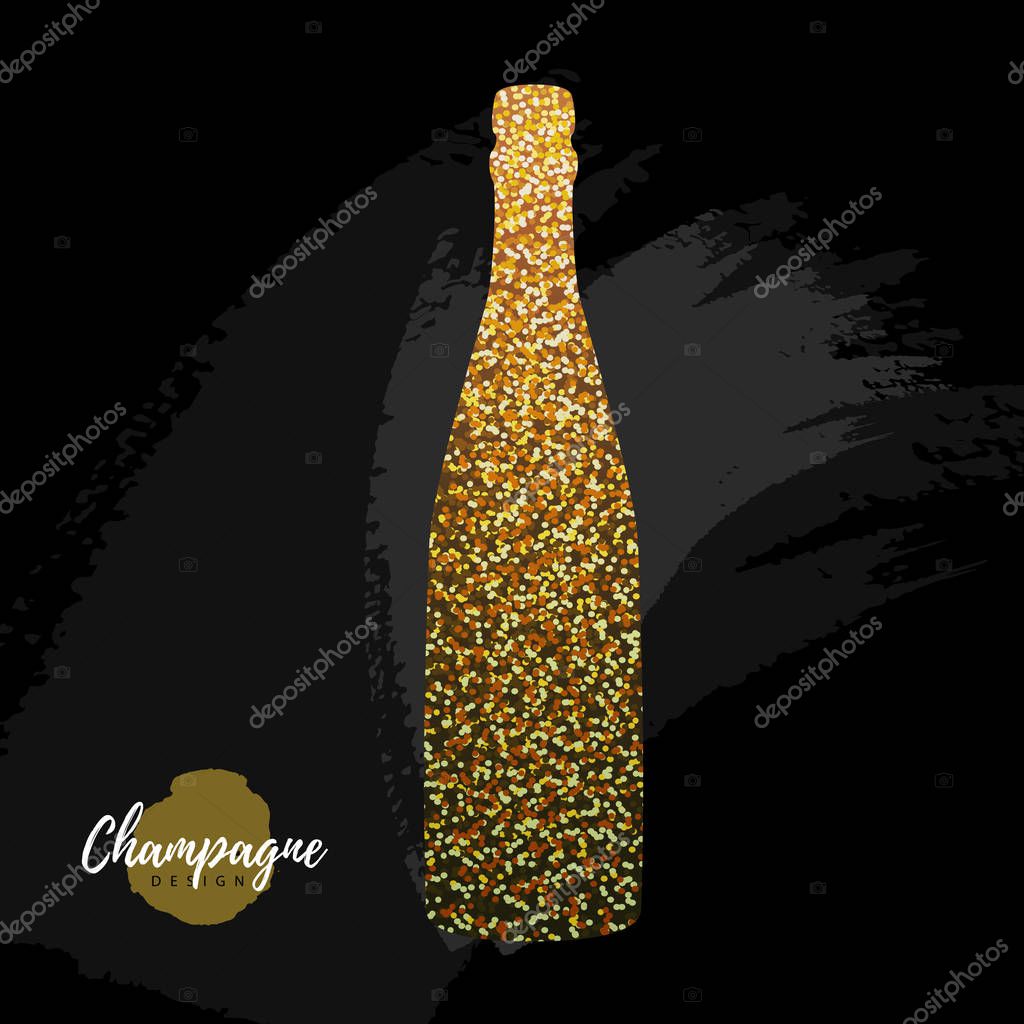 Champagne bottle vector icon. Golden sparkle champagne bottle on black background