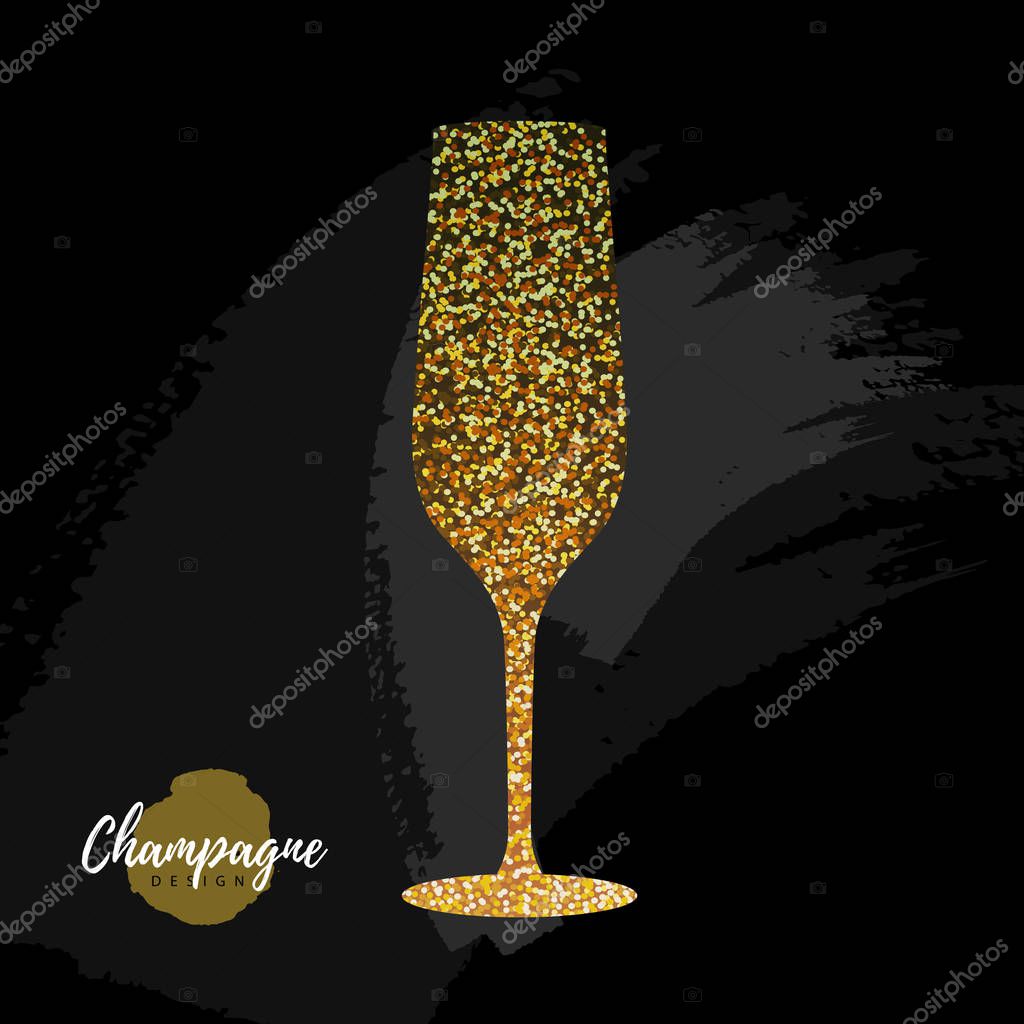 Champagne glass vector icon. Golden sparkle champagne glass on black background