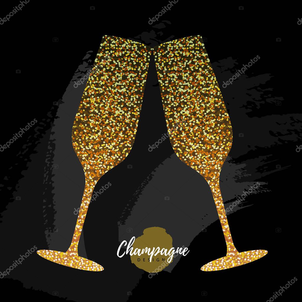 Champagne glass vector icon. Golden sparkle champagne glasses on black background
