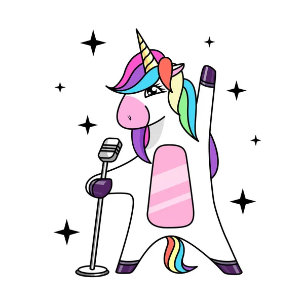 Illustrazione Vettoriale Fantasia Animale Cavallo Unicorno Cantare Microfono Design Stile — Vettoriale Stock