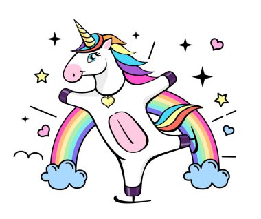 Vektör çizim fantezi buz pateni tek boynuzlu at. Karikatür tarzı tasarım