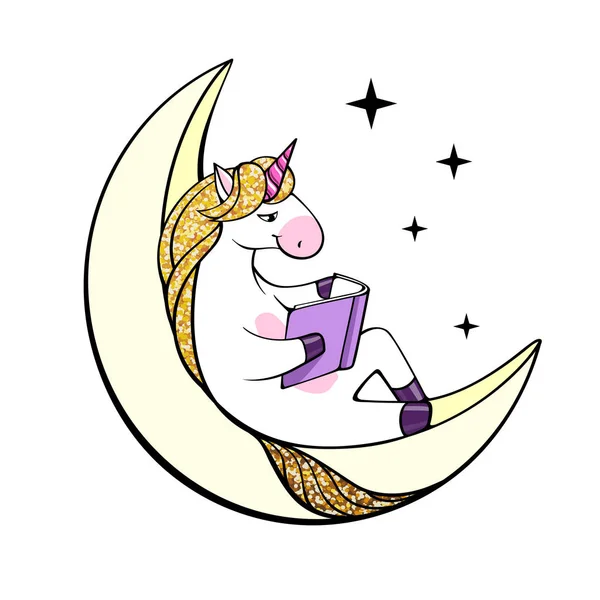 Vektorové Ilustrace Unicorn Fantasy Čtení Knihy Měsíci — Stockový vektor