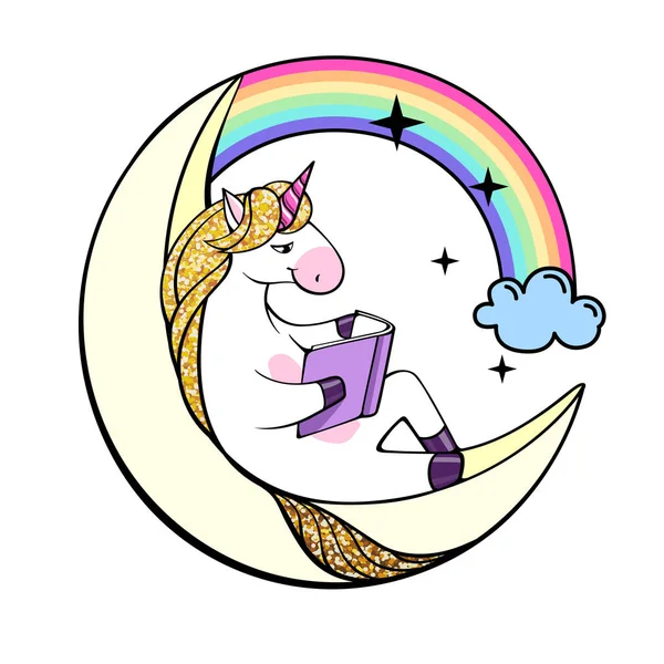 Ilustración Vectorial Del Libro Lectura Unicornio Fantasía Luna — Archivo Imágenes Vectoriales