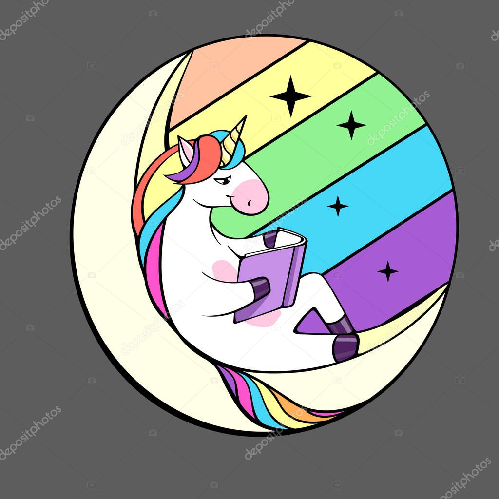 Vector illustration of fantasy unicorn reading book on the Moon.