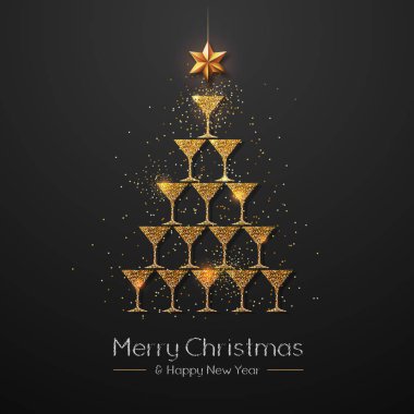 Christmas poster with golden champagne glass. Golden Christmas tree clipart
