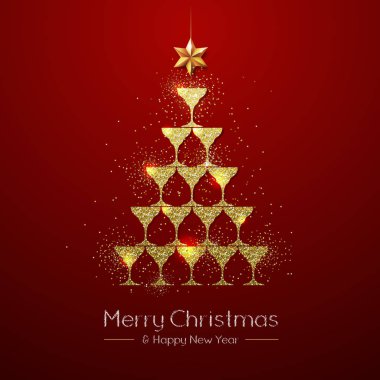 Christmas poster with golden champagne glass. Golden Christmas tree on red background clipart
