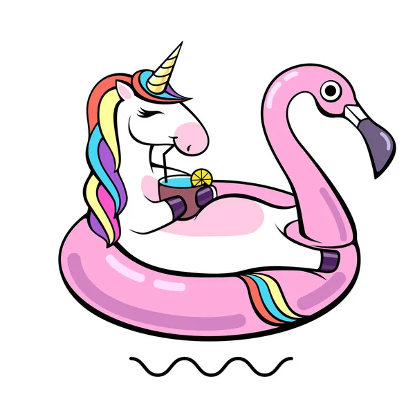 Unicorn Hewan Fantasi Pada Lingkaran Flamingo Tiup Ilustrasi Kartun - Stok Vektor