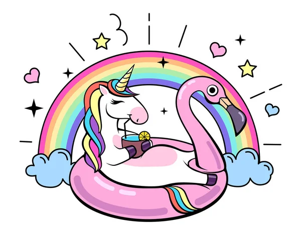 Fantasy Animal Unicorn Flamingo Inflatable Circle Cartoon Illustration — Stock Vector