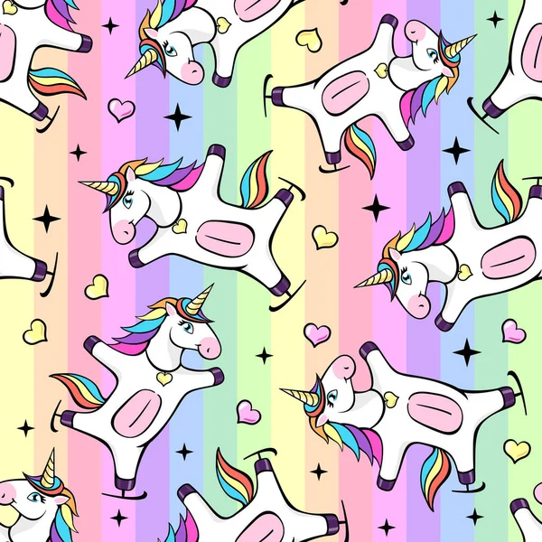 Seamless pattern with fantastic unicorn on rainbow background. Cartoon children background — Stock Vector