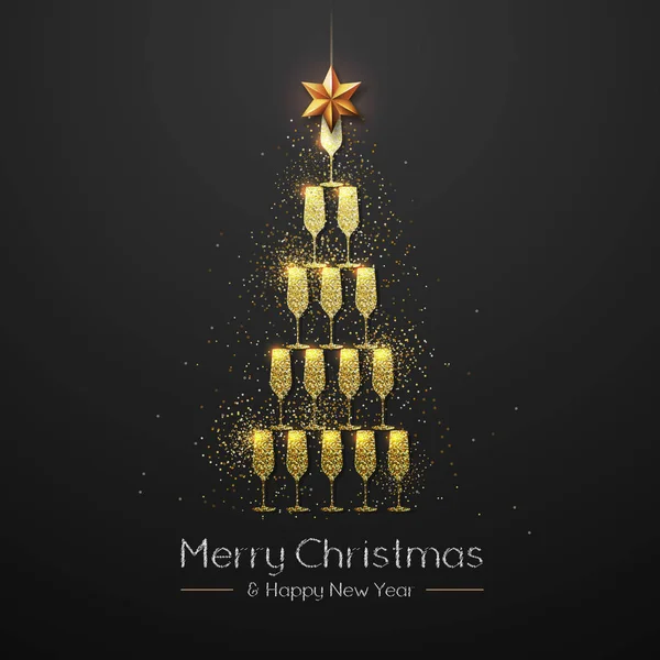 Kerst Poster Met Gouden Champagne Glas Gouden Kerstboom — Stockvector